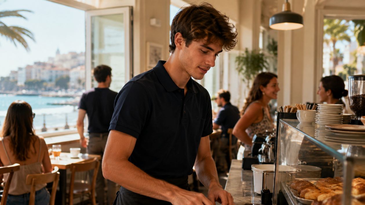 Estudiante universitario trabajando en una cafeteria