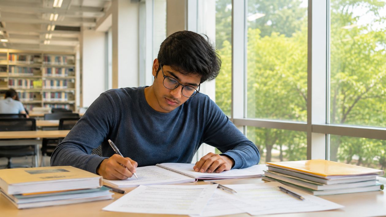 estudiante de oposiciones en una biblioteca en verano
